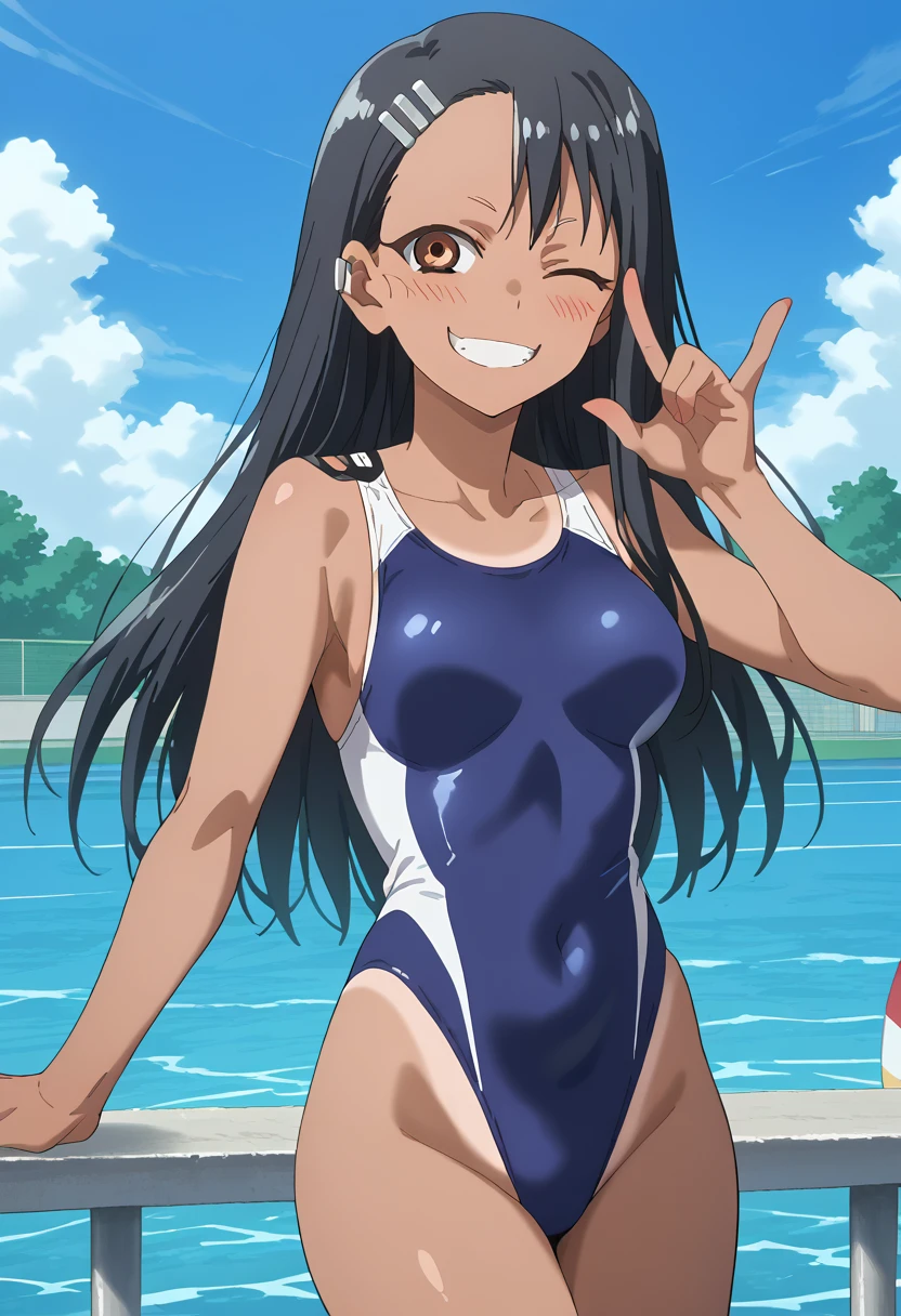 sword art online, yui, long hair, bangs, black hair, hair ornament, very long hair, high ponytail, blunt bangs, hime cut, brown eyes, masterpiece, best quality, anime screencap, tsuchimiya, competition swimsuit, black swimsuit, 1girl, solo, night, ocean, v, thigh gap, happy, red one-piece swimsuit, close-up, wet, high saturation, high contrast, outdoor, concept, bodybuilder, muscle