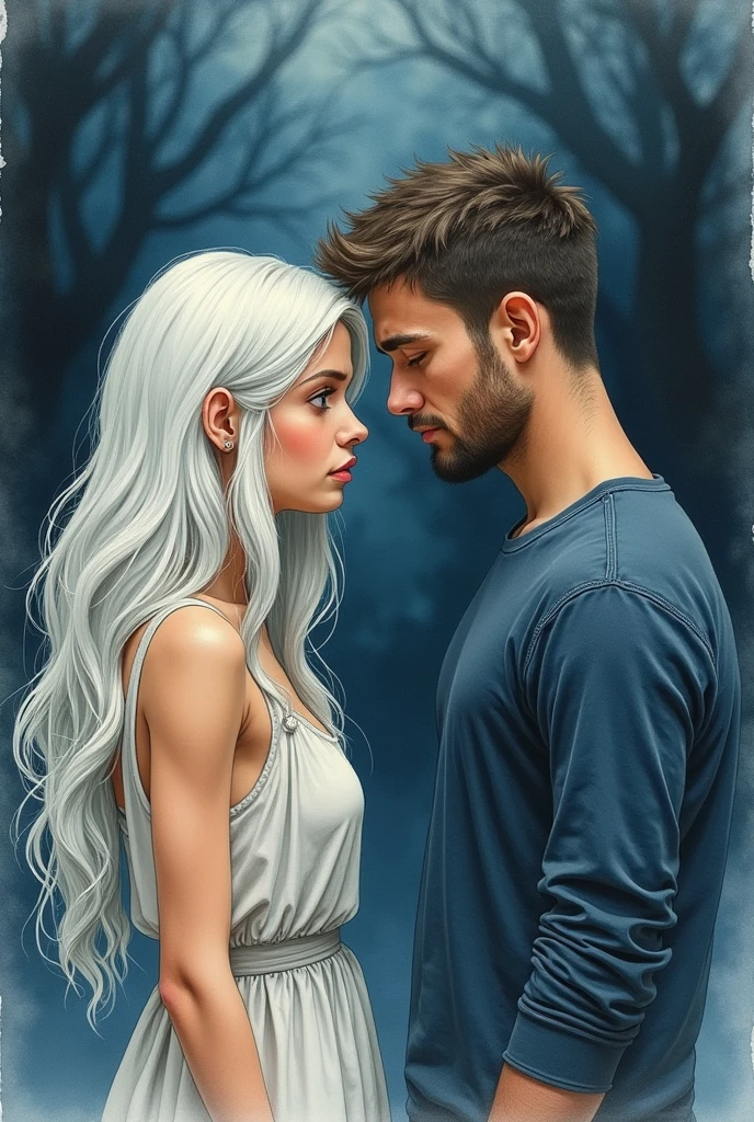 Woman with brown hair kissing angel man with long, white hair in penthouse, hyperrealism, romance novel cover, fantasy cover, romance novel