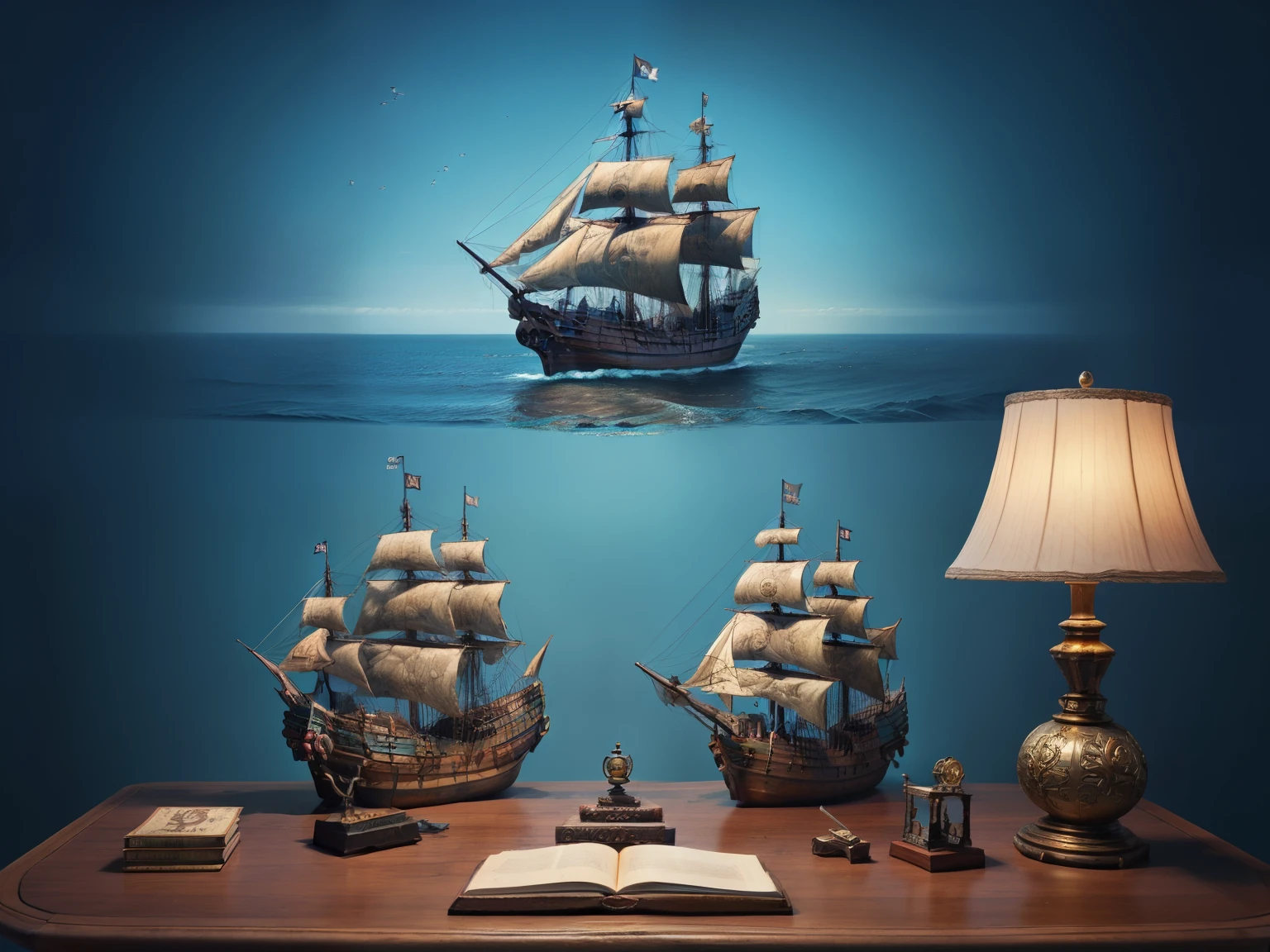 water cube, ocean、Coral Reef、Beautiful fish、treasure、1 Galleon、Smooth sailing、(On the desk in the study)、(Classic)、(Vintage)、Simple Background、Best Quality、High image quality、masterpiece、4K、8k、wallpaper、