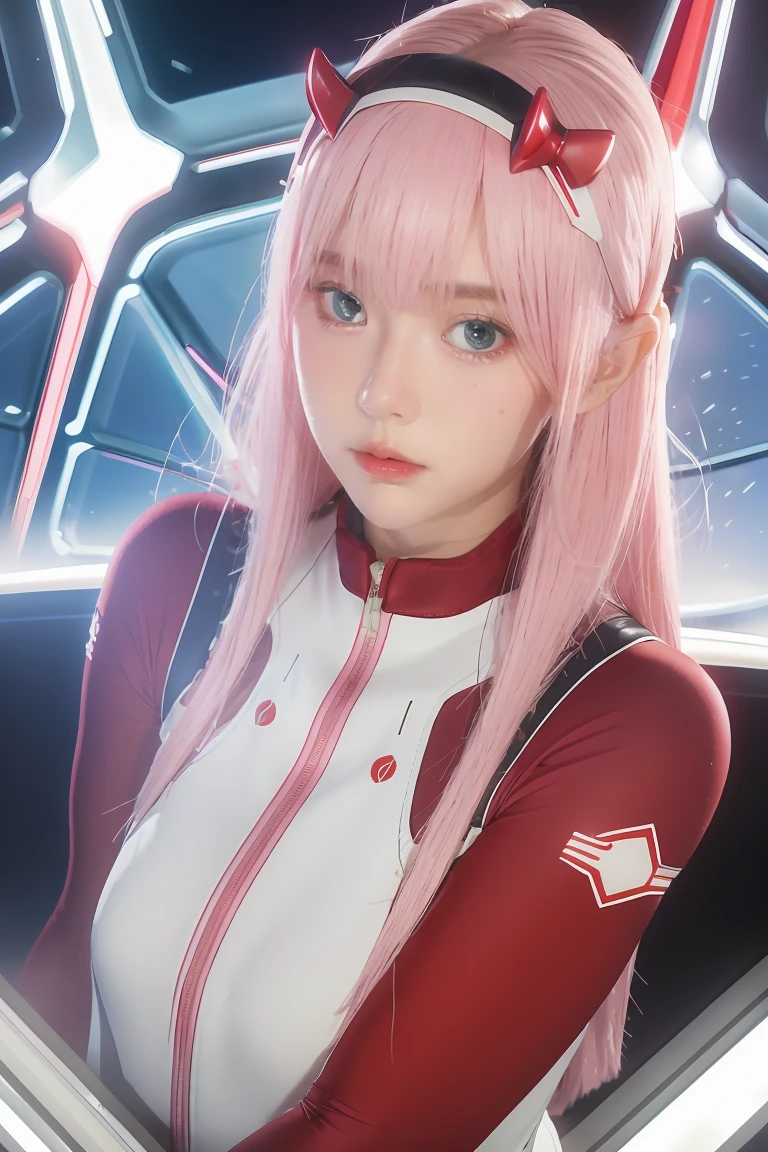 dynamic angle,ultra-detailed, illustration, straight on, 1girl, ((Zero two, interface headband with a pair of horns, red bodysuit:1.4, pink hair)), Her eyes shone like dreamy stars,(glowing eyes:1.233),(beautiful and detailed eyes:1.1),(expressionless, closed mouth),(standing), (mechanic room with tools and spaceship window in a white SPACESHIP), (night:1.2), dreamy, dynamic pose,