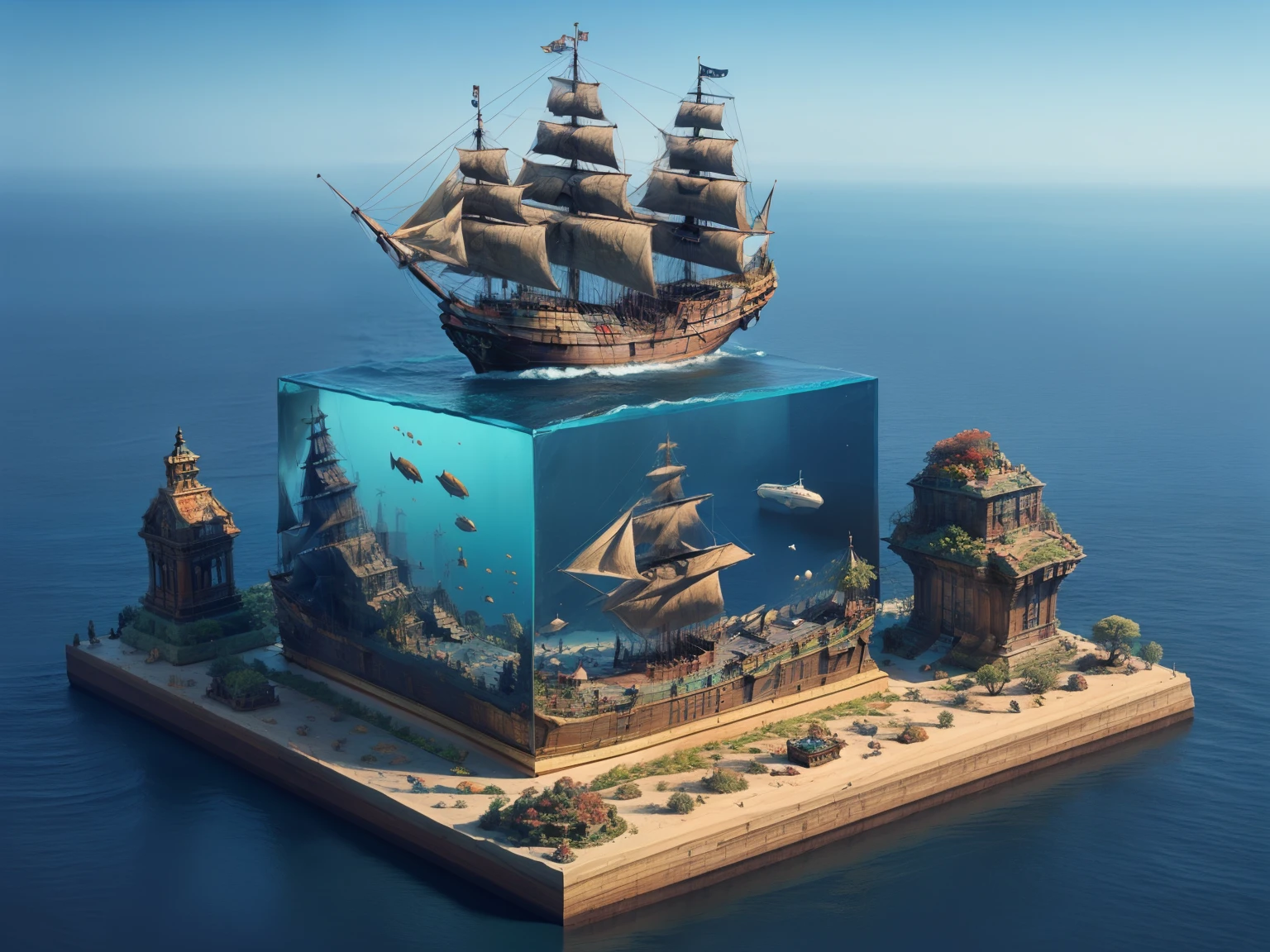 water cube, ocean、Coral Reef、Beautiful fish、treasure、1 Galleon、Smooth sailing、(On the desk in the study)、(Classic)、(Vintage)、Simple Background、Best Quality、High image quality、masterpiece、4K、8k、wallpaper、