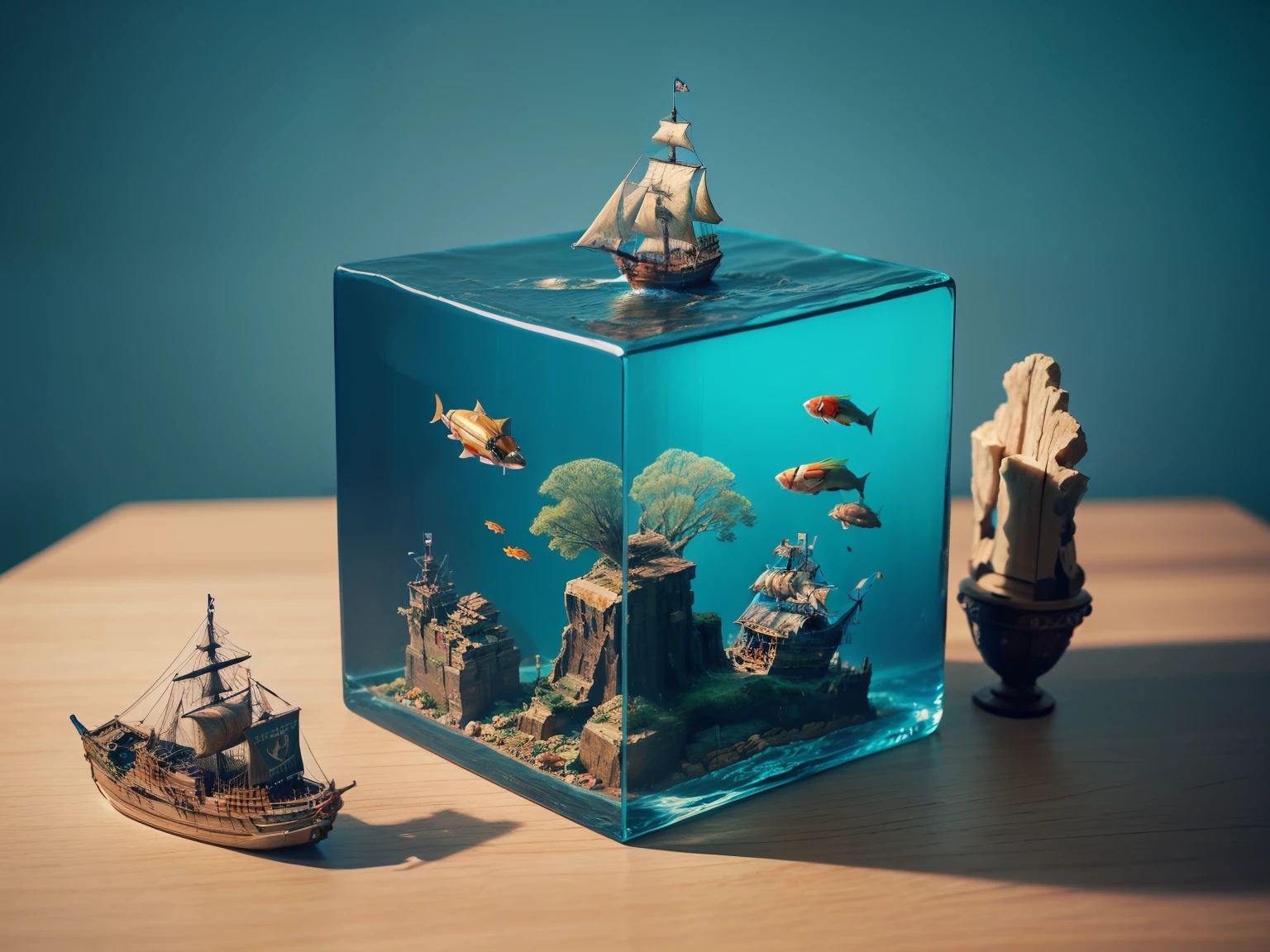 water cube, ocean、Coral Reef、Beautiful fish、treasure、1 Galleon、Smooth sailing、(On the desk in the study)、(Classic)、(Vintage)、Simple Background、Best Quality、High image quality、masterpiece、4K、8k、wallpaper、