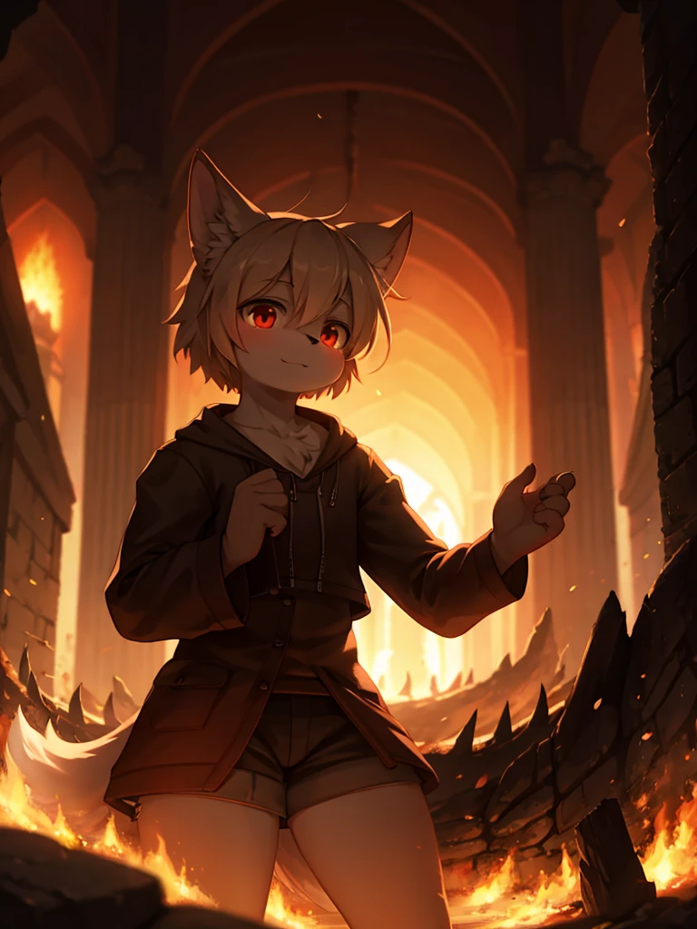 Gat chibi, with hood and fire sword, background monster