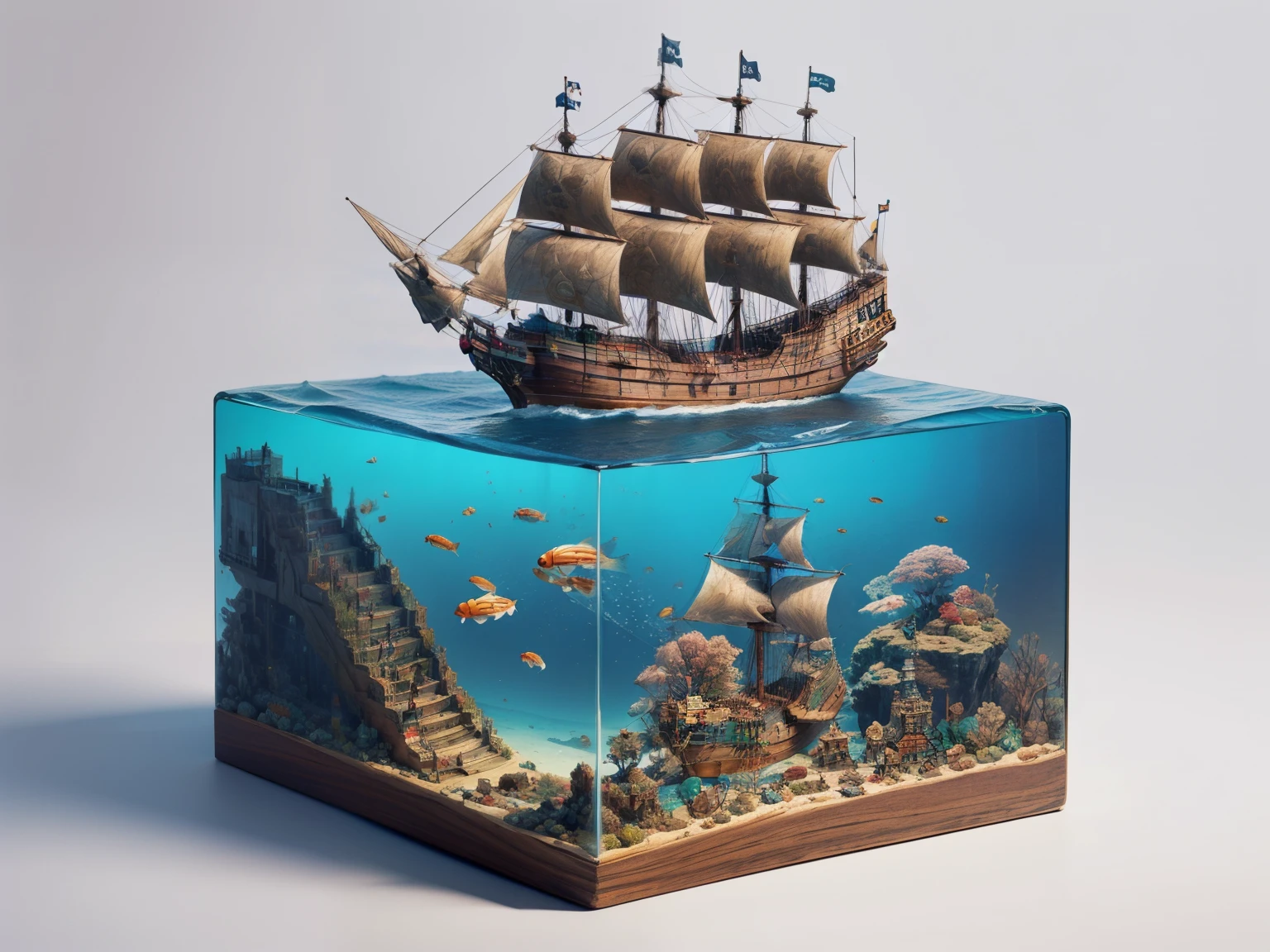 water cube, ocean、Coral Reef、Beautiful fish、treasure、1 Galleon、Smooth sailing、(On the desk in the study)、(Classic)、(Vintage)、Simple Background、Best Quality、High image quality、masterpiece、4K、8k、wallpaper、