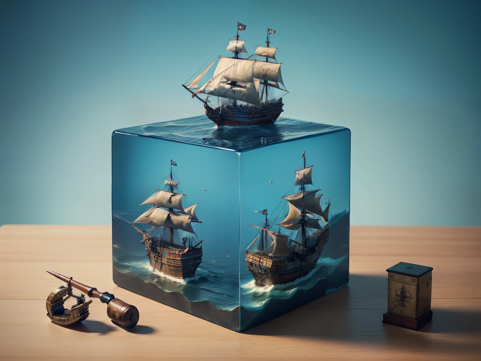 water cube, ocean、Coral Reef、Beautiful fish、treasure、1 Galleon、Smooth sailing、(On the desk in the study)、(Classic)、(Vintage)、Simple Background、Best Quality、High image quality、masterpiece、4K、8k、wallpaper、