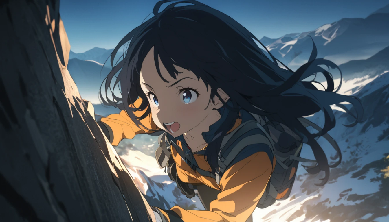 (((masterpiece))),(((best quality))),(((extremely detailed))), 1girl, solo, dark blue eyes, black hair, thick hair, long hair, double exposure, excited, pixiv contest winner, by Posuka Demizu,mountain climbing,mountaineering clothes