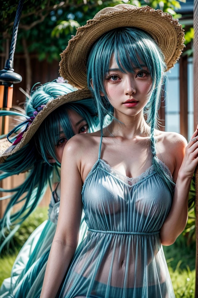 anime girl with blue hair wearing a straw hat and a blue dress, artwork in the style of guweiz, beautiful anime portrait, guweiz, beautiful anime girl, beautiful anime style, anime girl with teal hair, anime style. 8k, in the art style of bowater, beautiful digital illustration, beautiful character painting, stunning anime face portrait, see-through silhouette