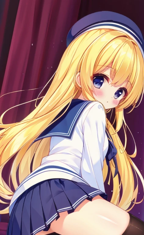 Beautiful long blonde hair Embarrassing blue eyes Tears overflow from my eyes diaper A girl wearing a long-sleeved sailor suit Pleated skirt School corridor at night Skirt lifted