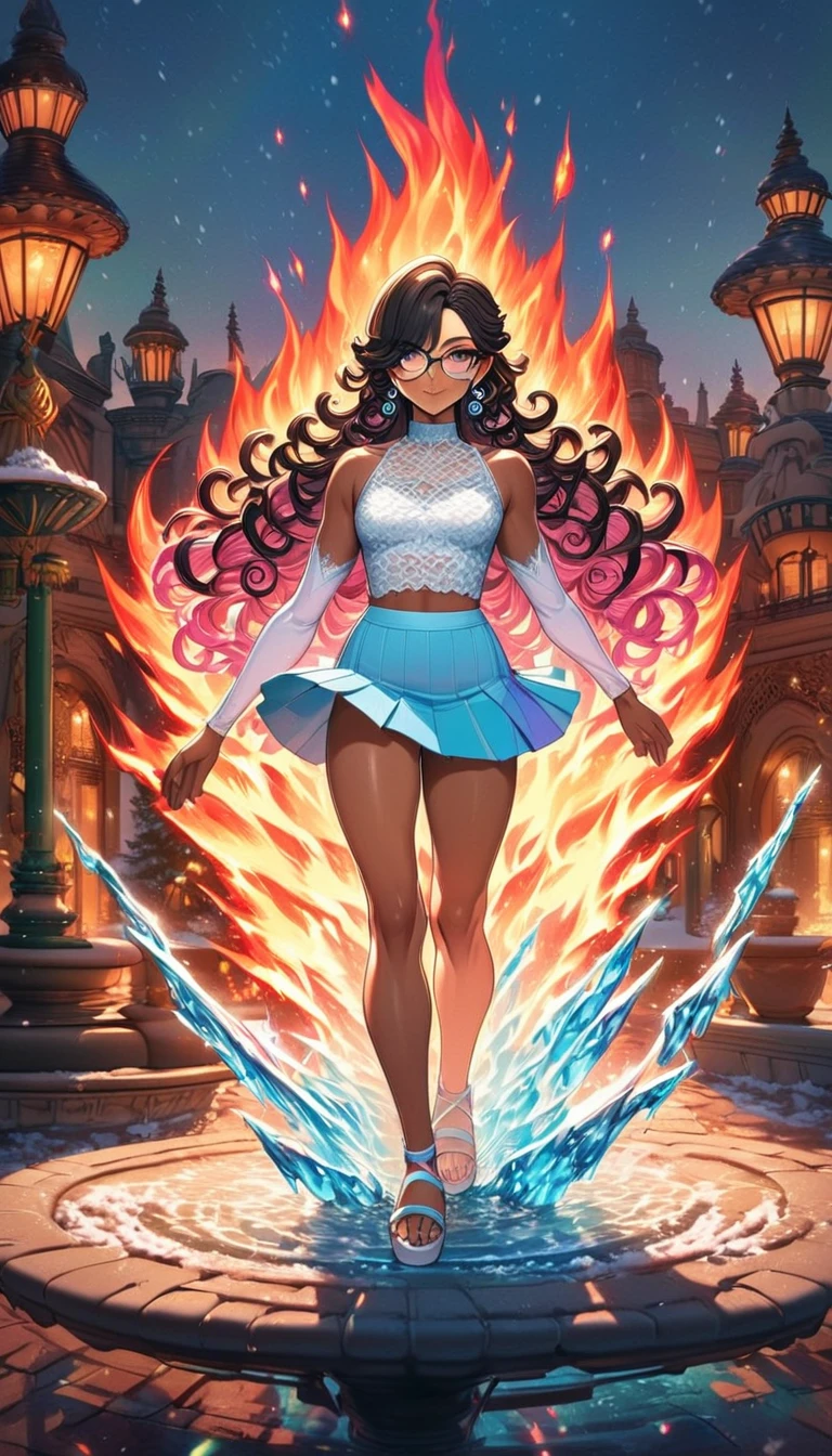 Trans woman, very short mini skirt, lace top, genderbend, curly long hair, black hair, male to female, detailed face, beautiful detailed brown eyes, eye glasses, beautiful detailed lips, silver earrings, white high sandals, brown skin, anatomically  correct, Anime style, 4k, 8k, high resolution, detailed facial features, intricate details, colorful, lighting, warm colors, (fire and ice merges, snowfall), detailed fabric textures, delicate brushstrokes, (Trans flag colors clothes(blue, pink and white)), Full body view, park fountain background (iced water), being watched, smiling pose, alone, closed mouth, warmth body, walking, moonlight, fire and ice in hands, holding elements 