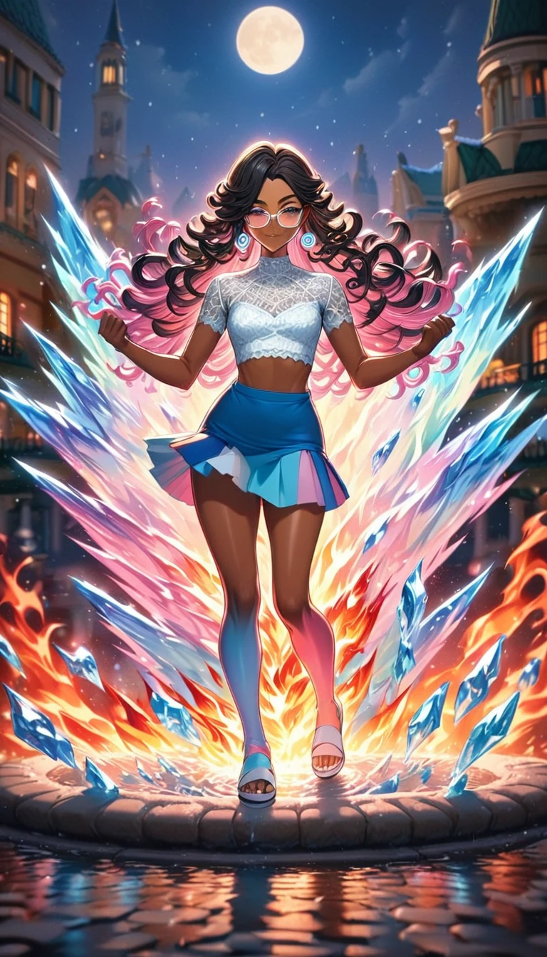 Trans woman, very short mini skirt, lace top, genderbend, curly long hair, black hair, male to female, detailed face, beautiful detailed brown eyes, eye glasses, beautiful detailed lips, silver earrings, white high sandals, brown skin, anatomically  correct, Anime style, 4k, 8k, high resolution, detailed facial features, intricate details, colorful, lighting, warm colors, (fire and ice merges, snowfall), detailed fabric textures, delicate brushstrokes, (Trans flag colors clothes(blue, pink and white)), Full body view, park fountain background (iced water), being watched, smiling pose, alone, closed mouth, warmth body, walking, moonlight, fire and ice in hands, holding elements 