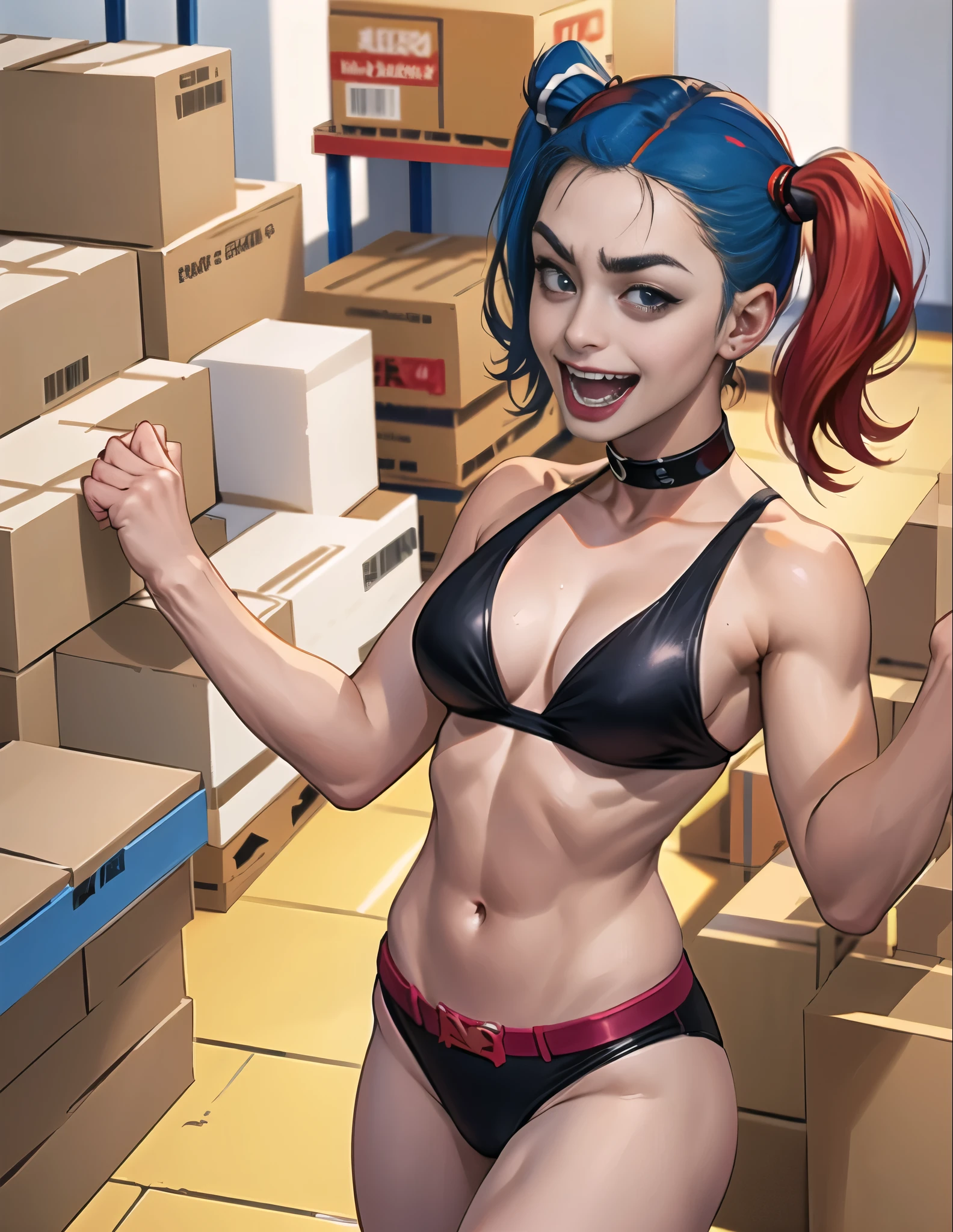 (solo women:1.5),(Harley Quinn:1.3),black bikini,full_shot,(angry:1.2),evil,(cam:1.3),(open mouth:1.5),smile,masculine,medium_shot,(smile:1.3),(open mouth:1.5),(ต่อสู้:1.5) ,(warehouse:1.5),(ปืน:1.5)