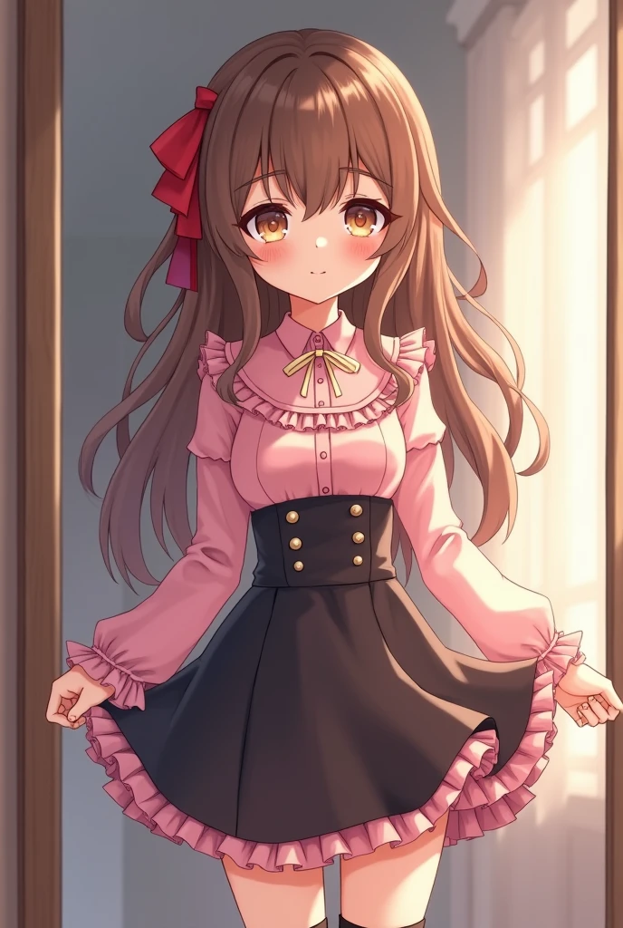 masterpiece, high quality, 1 girl, brown hair, curly hair, long hair, ((two side up)), pink eyes, pink frill shirts, black frill, black skirt, white stockings, holding a can juice