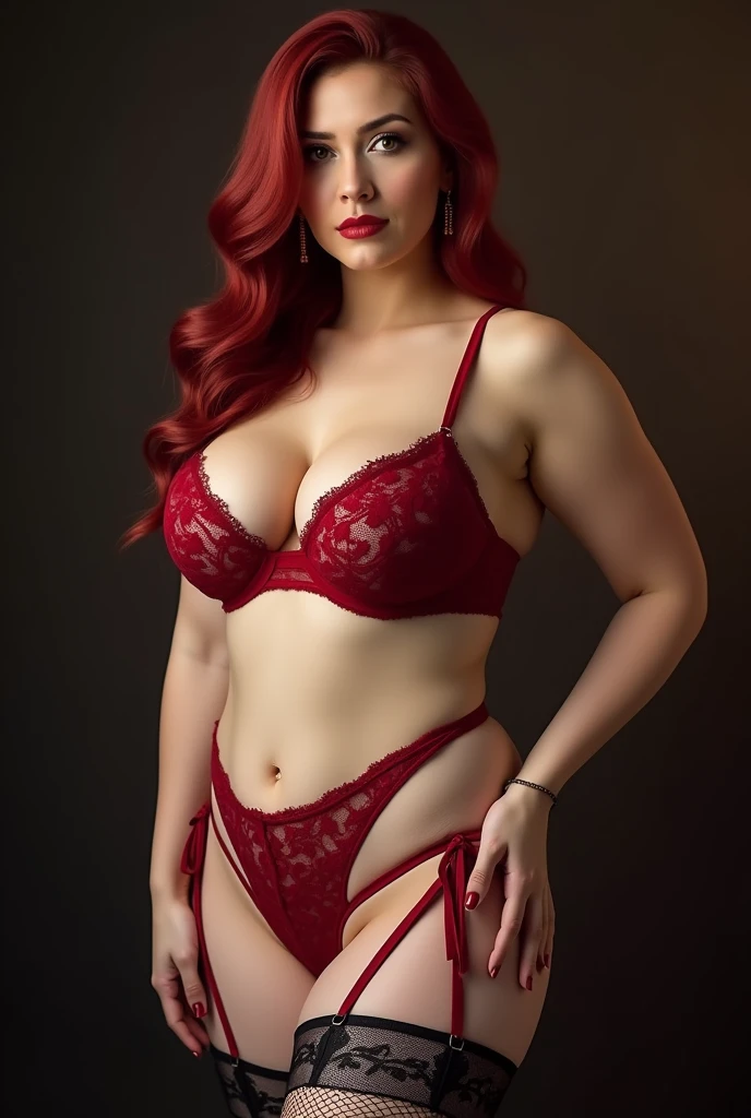 The seductive redhead with a gorgeous face and a dominant aura, her red lips and green eyes captivating you. She stands in a garden, her curvy figure and perfect breasts accentuated by her red dress, her seductive smirk adding to her alluring presence.