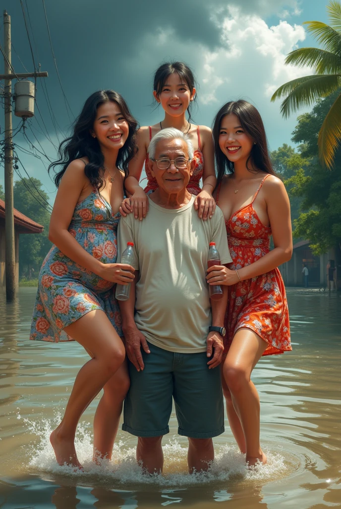 there are three asian people standing in the water with one woman, asian features, asian girl, beautiful asian girl, asian woman, wlop and ross tran, chinese girl, asian human, raining award winning photo, chinese woman, beautiful asian woman, an asian woman,