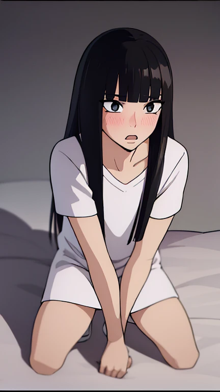 ((best quality)),((highly detailed)),masterpiece,absurdres,detailed face,beautiful face,((detailed eyes, deep eyes)),((dynamic pose)), sawako, 1femboy, girly, otokonoko, transgender, femboy, black hair, solo, long hair, bangs, black eyes, blunt bangs, blush, looking at viewer, open mouth, shirt, hime cut, upper body, white t-shirt, black miniskirt, white socks, black shoes, full body, 