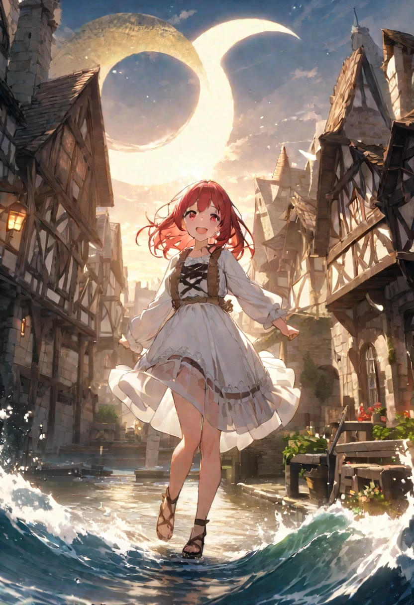 Girl on a crescent moon、Red Hair、Red eyes、Smile、Tears that see through、神秘的なNight view、Kicking the Sea、Stand on tiptoes、One beautiful girl、A row of medieval buildings、Dilapidated building、Country living outfit、White attire、Golden rays、The rolling waves、There&#39;s a girl in the distance、Night view、Golden Yaksha、Dark Landscape、There is no one nearby、Silent streets、In the distance, a girl stands on her tiptoes above the water.。The girl&#39;s eyes are red、Her hair is red、A crescent moon floats in the night sky、