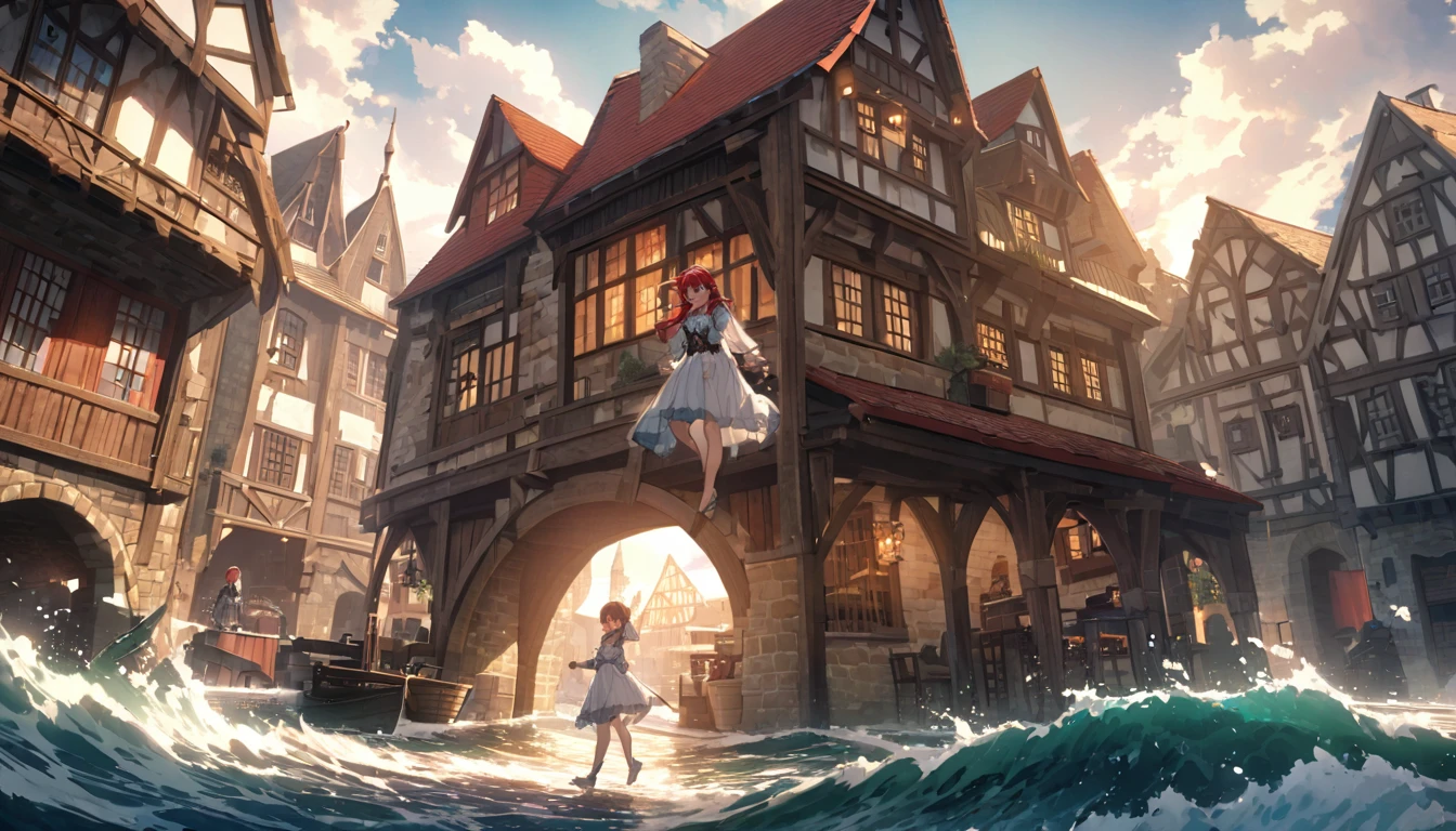 Girl on a crescent moon、Red Hair、Red eyes、Smile、Tears that see through、神秘的なNight view、Kicking the Sea、Stand on tiptoes、One beautiful girl、A row of medieval buildings、Dilapidated building、Country living outfit、White attire、Golden rays、The rolling waves、There&#39;s a girl in the distance、Night view、Golden Yaksha、Dark Landscape、There is no one nearby、Silent streets、In the distance, a girl stands on her tiptoes above the water.。The girl&#39;s eyes are red、Her hair is red、A crescent moon floats in the night sky、