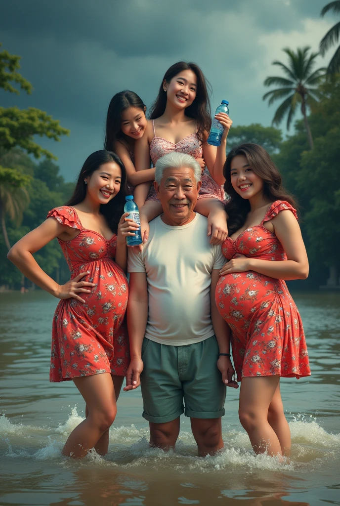 MagazineCover,sexfriend,75 years old、Short-haired male politician、Posing with two 12-year-old pregnant women in an old hot spring,The Man in the Middle，shyly smile,Wet and see-through towel、Small udder,,Real Light,Rinzuki's stomach