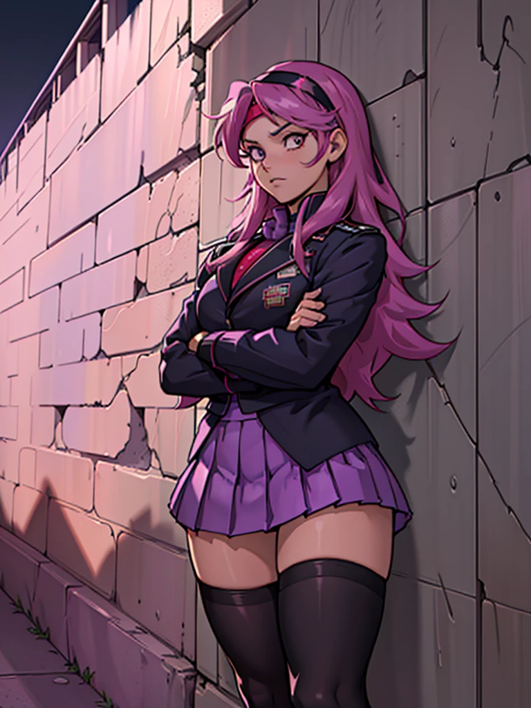 Athena Asamiya，((Beautiful purple long hair，Red headband))，(8k, anime style，Highest quality:1.75)，Beautiful Face，blue lips，Beautiful and detailed hair，Charm，Intricate details，Very beautiful and detailed eyes，(black Blazer Uniform，Pleated mini skirt，pink Tin High Stockings:1.5), higher details，Supermodel，(crossing her arms leaning into a wall:1.5)，(Sexy panties:can be seen1.3)，Detailed Pixels，Dynamic Angle，Late night back alley，Professional Lighting