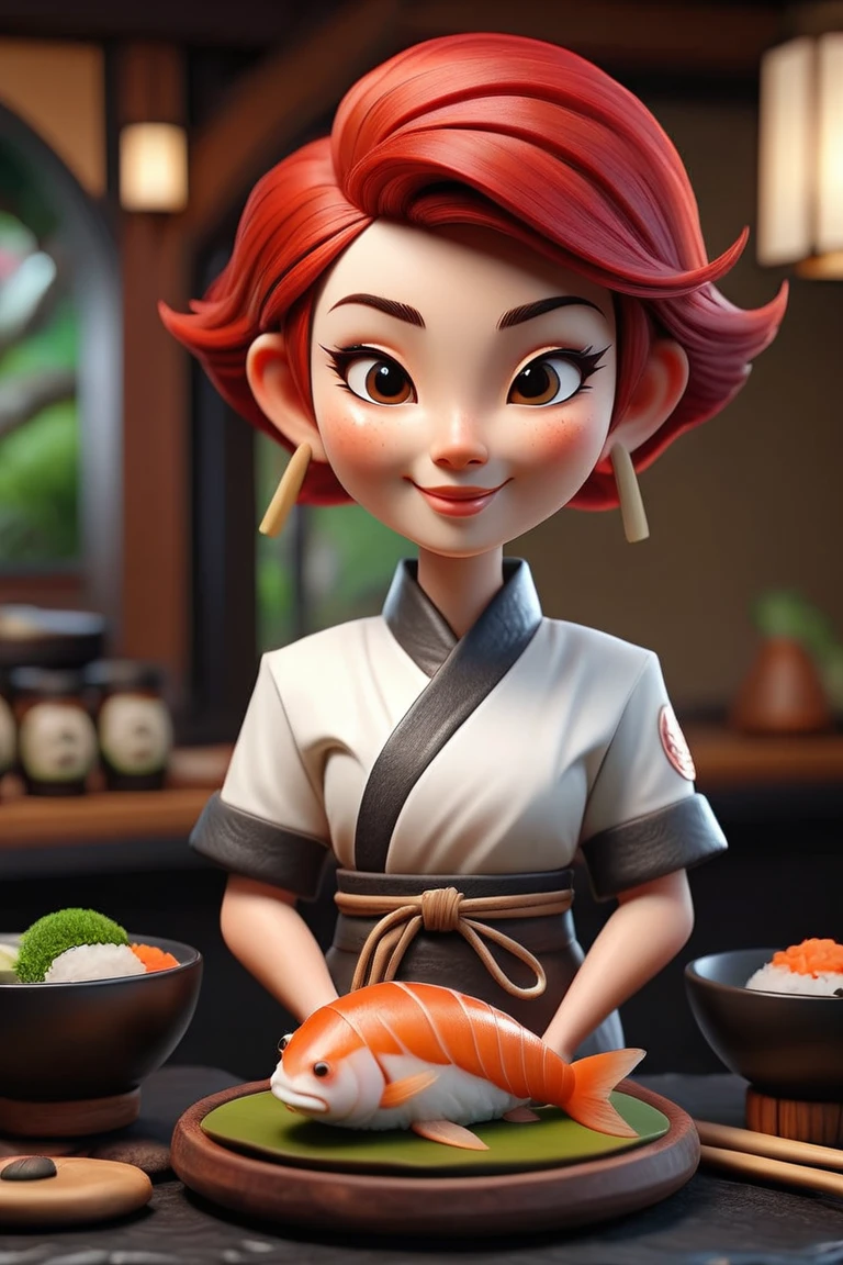 a small virtual 3D cartoon model of an old Japanese sushi chef, magical, red hair, short pixie cut, smiling, detailed face, eyeliner, irish girl, intricate details, in wonderland, unity, 8k, wallpaper, best quality, masterpiece, realism, raw photo, hyper realistic, sharp focus, sharp details