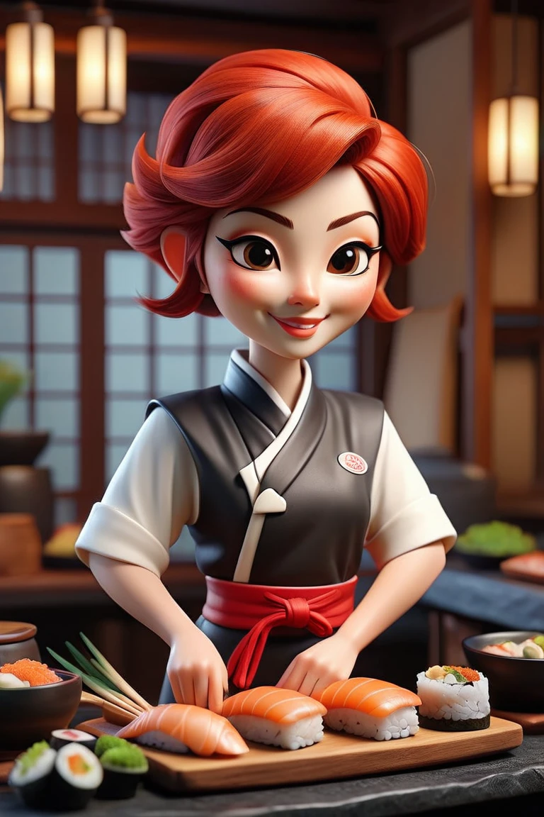 a small virtual 3D cartoon model of an old Japanese sushi chef, magical, red hair, short pixie cut, smiling, detailed face, eyeliner, irish girl, intricate details, in wonderland, unity, 8k, wallpaper, best quality, masterpiece, realism, raw photo, hyper realistic, sharp focus, sharp details