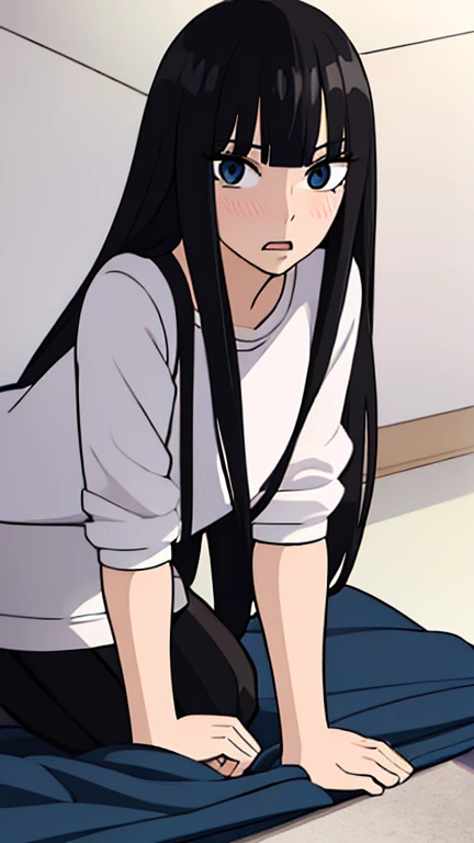 ((best quality)),((highly detailed)),masterpiece,absurdres,detailed face,beautiful face,((detailed eyes, deep eyes)),((dynamic pose)), sawako, 1femboy, girly, otokonoko, transgender, femboy, black hair, solo, long hair, bangs, black eyes, blunt bangs, blush, looking at viewer, open mouth, shirt, hime cut, upper body, white t-shirt, black miniskirt, white socks, black shoes, full body,  