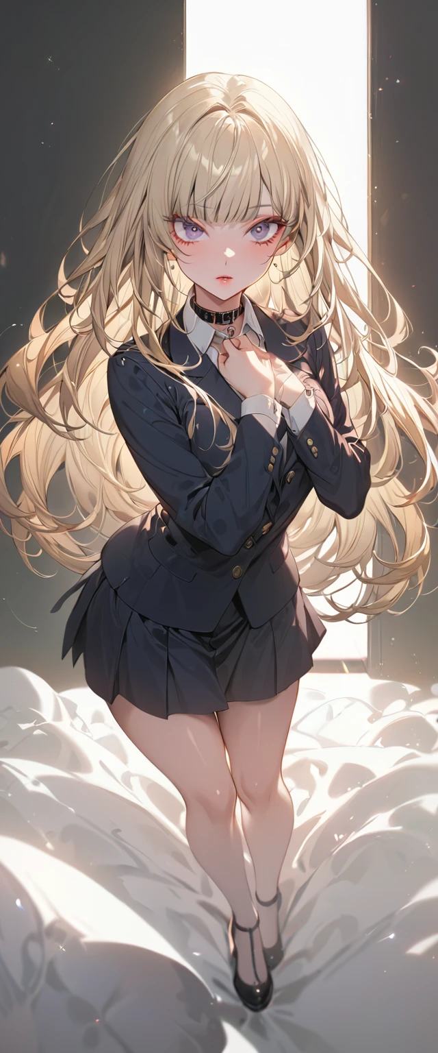 (Best Quality,Very detailed,High resolution:1.2),Beautiful woman with perfect face,very_Long eyelashes, Detailed lips, Cool look, Soft Skin, Shiny Hair,Exquisite makeup,Heavy bangs，shout，Enlarged grey eyes，Long, straight blonde hair with hints of peach，Student Uniform、Navy blazer over a white shirt、Ribbon on collar, 1girl, random pose, full body, 