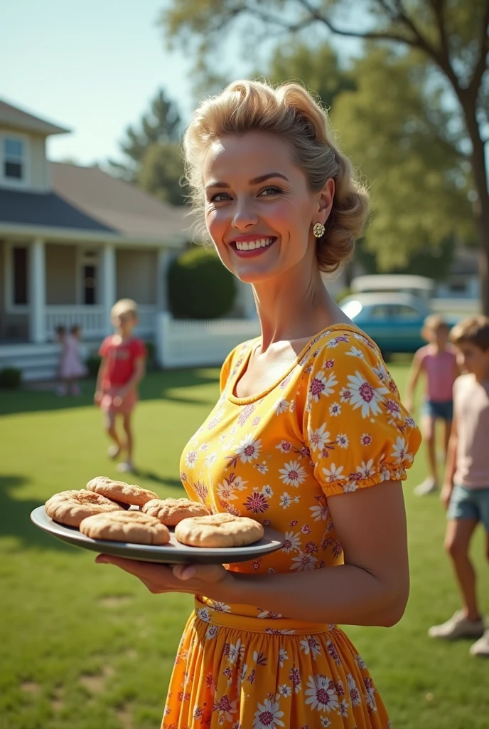 A photo of Karen hosting a neighborhood bake sale in the local park. She is standing behind a table filled with homemade baked goods and smiling as she interacts with customers.,original,Bleach blonde Karen haircut. Middle aged white woman with a pinched look to her face. Slightly maniacal eyes.