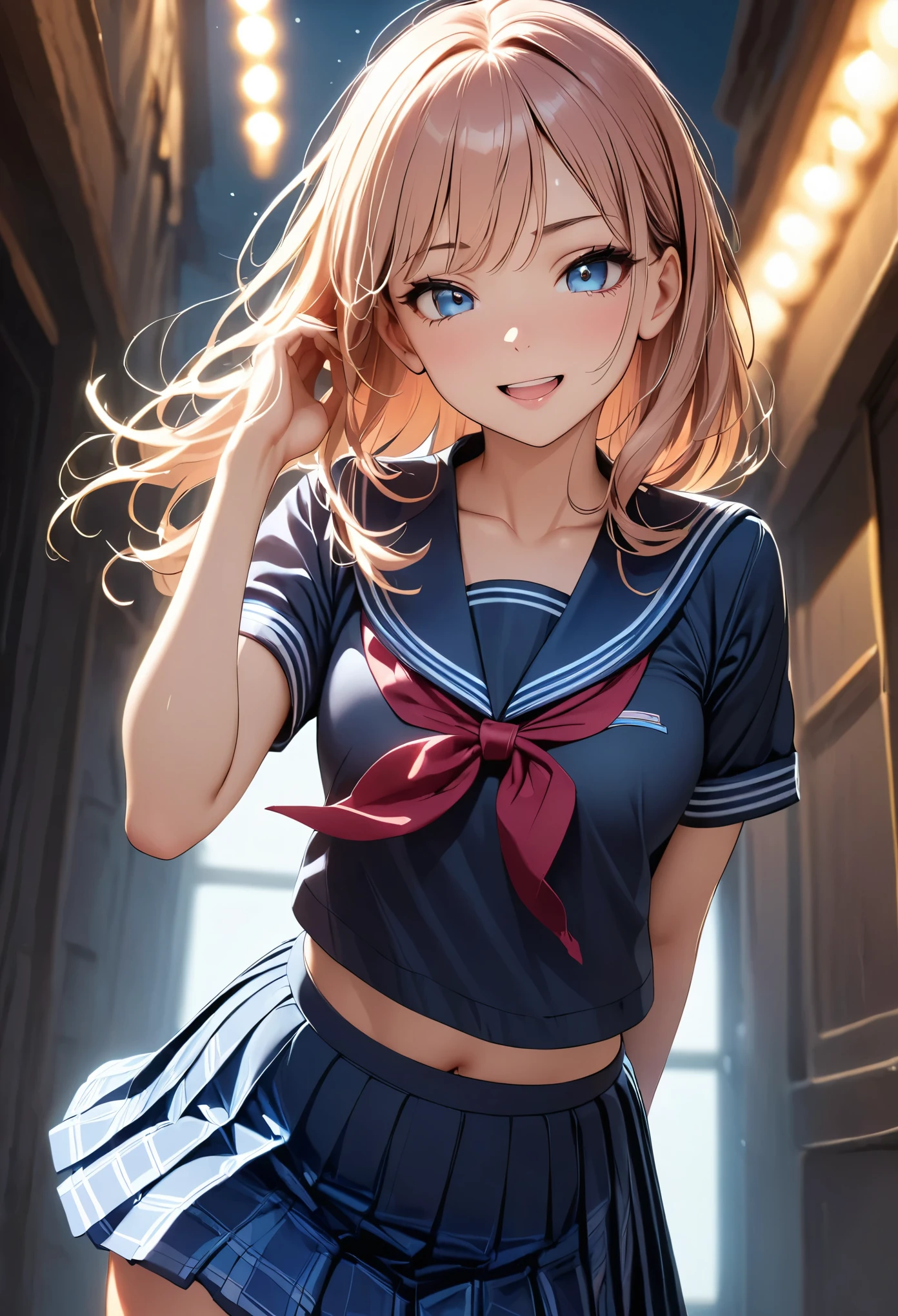 Beautiful young girl in a sailor suit、((Lewd smile、Open your mouth))、Low angle, Cowboy Shot, Very detailed、8k、Photorealistic、Hyperrealistic、Chiaroscuro Lighting、Dramatic Shadows、elegant、grace、Enchanting、Enchantingな、Porcelain Skin、Eyes of Lust、Delicate features、Blue Sailor Suit、Checkered pleated skirt、Skin with an obscene sheen、Shinyラテックス、Shiny、Cinematic composition、Dramatic Pose、A bad mood、Dark and mysterious