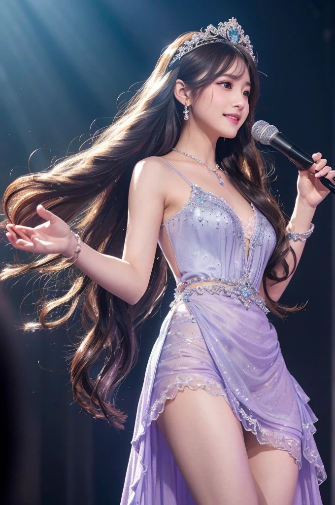 masterpiece, best quality, highres, long hair, tiara, hair ornament, hair flower, earrings, necklace, bare shoulders, bare waist:1.4, medium breasts, purple dress, strap dress, lace, purple gloves, (transparent dress:1), cowboy shot, stage, holding microphone,