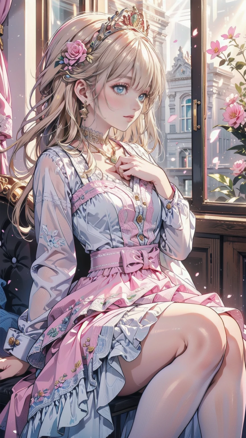 (8k, Best Quality, masterpiece: 1.2), Ultra-high resolution,,Marie Antoinette,Ultra-detailed face,Fine grain,Open your mouth a little,(Blonde),Long Hair,Wavy Hair, break,Rococo Ruffle Dress,Long sleeve dress,The dress includes an extra long skirt,Baroque Dress, Intricate fantasy dress, glamorous ruffled dresses, Romantic Dress, Ruffled Costume,Raffle, Data Style, Formal Wear, Fancy Fashion, palate colors include pink and white,(pink:1.5),Class A Smile,Gold Tiara, necklace,Sit in a luxurious chair,Hands on knees,(Rainbow light:1.4),,Profile of a person gazing out a window,The rosebush is reflected in the window,(Inside Victoria Palace)、Her eyes sparkle、Now her blonde hair reaches down to her waist、Rose-colored gradation and three, 薄いpinkのロック. 彼女は花柄の装飾が施されたGold Tiaraを着用し、Matching earrings, White flower choker. 彼女は金色のボタンで縁取られたフリル付きの白いストライプのpinkのトップを着ている, The white sleeves are shaped like flower buds.. A magenta ribbon runs along her chest.、Tied behind the neck、Matching chest piece, Decorated with flowers. Her frilly skirt is divided by a white lining, Fastened with a large magenta ribbon、Decorated with gold, There is a small ribbon on the back. Her miniskirt is、薄いpinkのマゼンタの貝殻状の裏地と白い花のペチコートでできている. 彼女はpinkの花がついた白い手袋も着用している, 白と薄いpinkの靴には、ゆるいカフとDecorated with flowersたマゼンタのリボンがある.