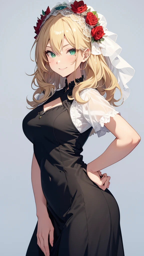 masterpiece, Best Quality, White background, Full body image ,tall woman, huge breasts, blonde medium wavy hair, She is wearing a white short veil with red flowers on her head, Pale skin,BREAK,upbeat smile,closed mouth ,Green Eyes, Thin straight hanging eye, Holding nothing in hands, Standing upright,Arched eyebrows,BREAK,black long dress