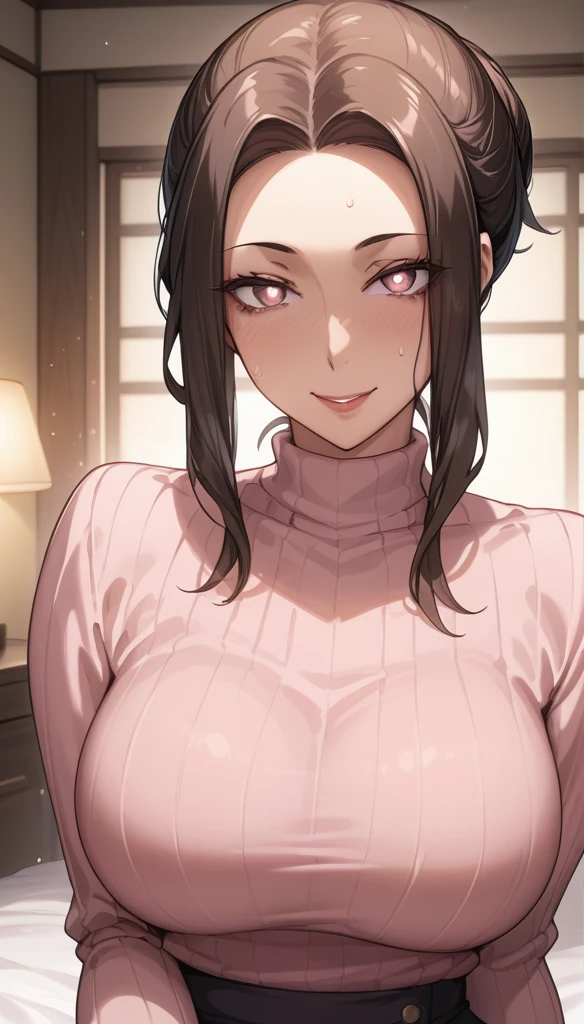 masterpiece, High resolution, Beautiful detailed red skinny vertical rib sweater、大きな開いたchest元、, Black mini skirt, Mature Woman:1.4, Sexy smile, Long black hair, Heart pupil, big_chest, Updo, night、深night、night這い、(Gorgeous pink style bedroom、darkroom、、A room with the lights out、Japanese style inn、Woman receiving a massage on the futon:1.8), (steam,sweat,Vulgar), Glowing Lips、Heavy makeup、Mature Woman、Hot Housewife、Naughty face、Red lips, Captivating smile,  Excited, The whole face becomes red, Long eyelashes,  Obscene face、Muscular dark-skinned masseuse