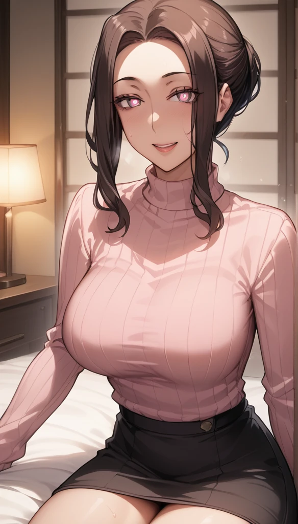 masterpiece, High resolution, Beautiful detailed red skinny vertical rib sweater、大きな開いたchest元、, Black mini skirt, Mature Woman:1.4, Sexy smile, Long black hair, Heart pupil, big_chest, Updo, night、深night、night這い、(Gorgeous pink style bedroom、darkroom、、A room with the lights out、Japanese style inn、Woman receiving a massage on the futon:1.8), (steam,sweat,Vulgar), Glowing Lips、Heavy makeup、Mature Woman、Hot Housewife、Naughty face、Red lips, Captivating smile,  Excited, The whole face becomes red, Long eyelashes,  Obscene face、Muscular dark-skinned masseuse