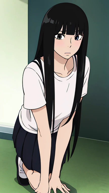 ((best quality)),((highly detailed)),masterpiece,absurdres,detailed face,beautiful face,((detailed eyes, deep eyes)),((dynamic pose)), sawako, 1femboy, girly, otokonoko, transgender, femboy, black hair, solo, long hair, bangs, black eyes, blunt bangs, blush, looking at viewer, open mouth, shirt, hime cut, white t-shirt, black miniskirt, white socks, black shoes, full body,  