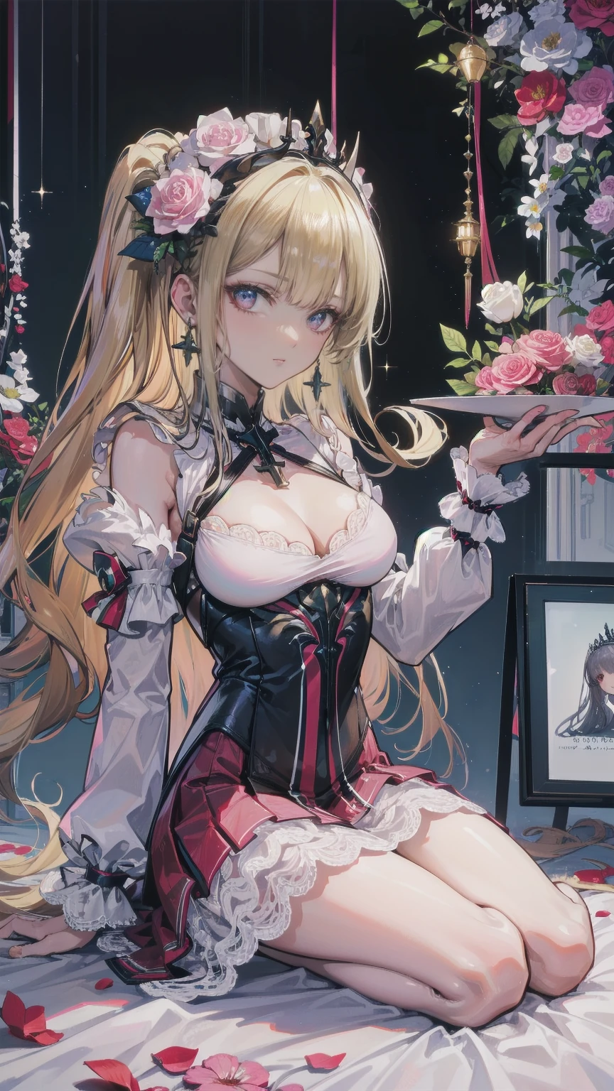 (8k, Best Quality, masterpiece: 1.2), Ultra-high resolution,,Marie Antoinette,Ultra-detailed face,Fine grain,Open your mouth a little,(Blonde),Long Hair,Wavy Hair, break,Rococo Ruffle Dress,Long sleeve dress,The dress includes an extra long skirt,Baroque Dress, Intricate fantasy dress, glamorous ruffled dresses, Romantic Dress, Ruffled Costume,Raffle, Data Style, Formal Wear, Fancy Fashion, palate colors include pink and white,(pink:1.5),Class A Smile,Gold Tiara, necklace,Sit in a luxurious chair,Hands on knees,(Rainbow light:1.4),,Profile of a person gazing out a window,The rosebush is reflected in the window,(Inside Victoria Palace)、Her eyes sparkle、Now her blonde hair reaches down to her waist、Rose-colored gradation and three, 薄いpinkのロック. 彼女は花柄の装飾が施されたGold Tiaraを着用し、Matching earrings, White flower choker. 彼女は金色のボタンで縁取られたフリル付きの白いストライプのpinkのトップを着ている, The white sleeves are shaped like flower buds.. A magenta ribbon runs along her chest.、Tied behind the neck、Matching chest piece, Decorated with flowers. Her frilly skirt is divided by a white lining, Fastened with a large magenta ribbon、Decorated with gold, There is a small ribbon on the back. Her miniskirt is、薄いpinkのマゼンタの貝殻状の裏地と白い花のペチコートでできている. 彼女はpinkの花がついた白い手袋も着用している, 白と薄いpinkの靴には、ゆるいカフとDecorated with flowersたマゼンタのリボンがある.
