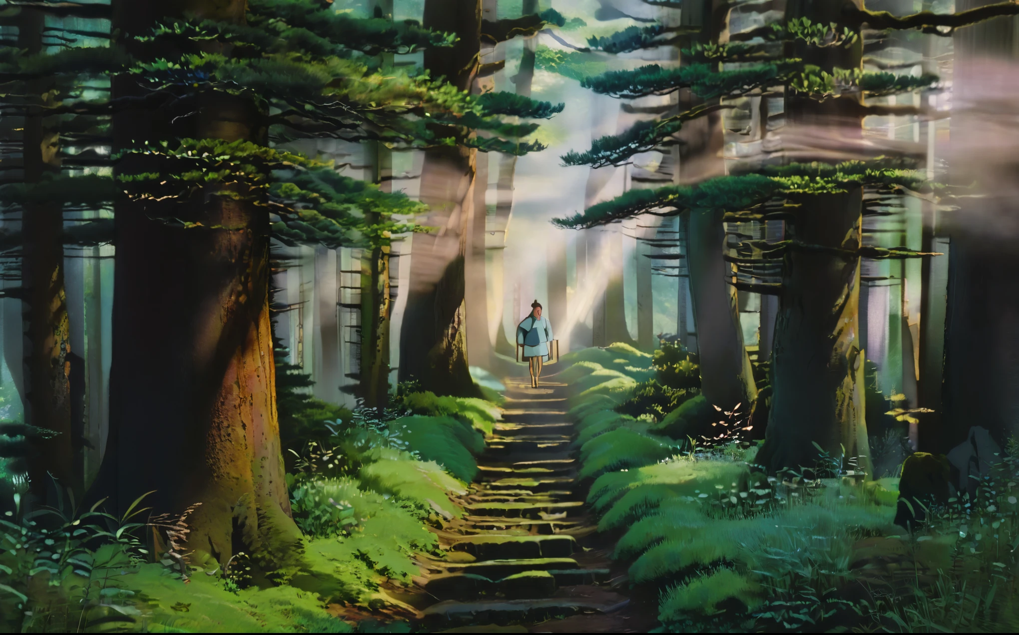 (Ghibli style, eznegativexl, beautiful landscape), 4K HD, High resolution. A morning in gorgeous landscape, forest far away, early morning sky, light emission