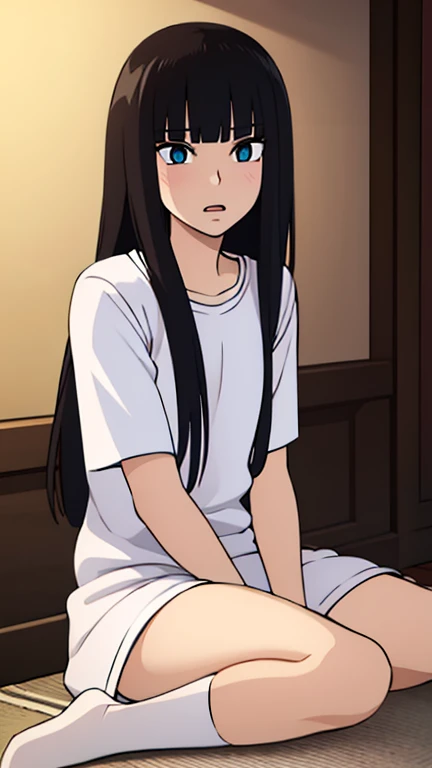 ((best quality)),((highly detailed)),masterpiece,absurdres,detailed face,beautiful face,((detailed eyes, deep eyes)),((dynamic pose)), sawako, 1femboy, girly, otokonoko, transgender, femboy, black hair, solo, long hair, bangs, black eyes, blunt bangs, blush, looking at viewer, open mouth, shirt, hime cut, white t-shirt, black miniskirt, white socks, black shoes, full body,  