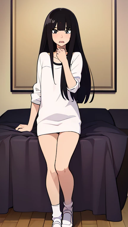 ((best quality)),((highly detailed)),masterpiece,absurdres,detailed face,beautiful face,((detailed eyes, deep eyes)),((dynamic pose)), sawako, 1femboy, girly, otokonoko, transgender, femboy, black hair, solo, long hair, bangs, black eyes, blunt bangs, blush, looking at viewer, open mouth, shirt, hime cut, white t-shirt, black miniskirt, white socks, black shoes, full body,  