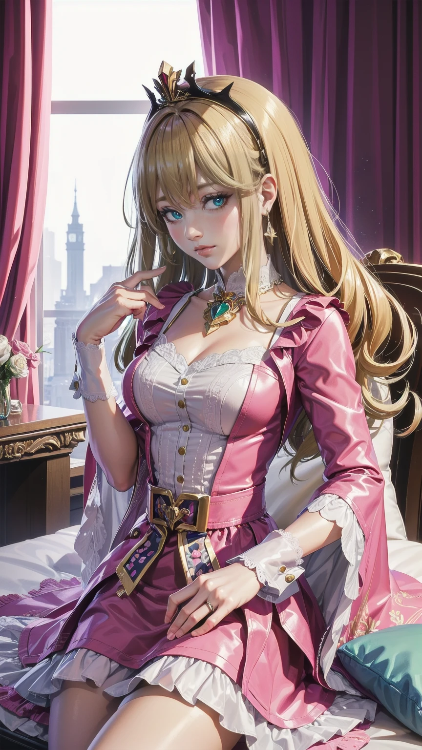 (8k, Best Quality, masterpiece: 1.2), Ultra-high resolution,,Marie Antoinette,Ultra-detailed face,Fine grain,Open your mouth a little,(Blonde),Long Hair,Wavy Hair, break,Rococo Ruffle Dress,Long sleeve dress,The dress includes an extra long skirt,Baroque Dress, Intricate fantasy dress, glamorous ruffled dresses, Romantic Dress, Ruffled Costume,Raffle, Data Style, Formal Wear, Fancy Fashion, palate colors include pink and white,(pink:1.5),Class A Smile,Gold Tiara, necklace,Sit in a luxurious chair,Hands on knees,(Rainbow light:1.4),,Profile of a person gazing out a window,The rosebush is reflected in the window,(Inside Victoria Palace)、Her eyes sparkle、Now her blonde hair reaches down to her waist、Rose-colored gradation and three, 薄いpinkのロック. 彼女は花柄の装飾が施されたGold Tiaraを着用し、Matching earrings, White flower choker. 彼女は金色のボタンで縁取られたフリル付きの白いストライプのpinkのトップを着ている, The white sleeves are shaped like flower buds.. A magenta ribbon runs along her chest.、Tied behind the neck、Matching chest piece, Decorated with flowers. Her frilly skirt is divided by a white lining, Fastened with a large magenta ribbon、Decorated with gold, There is a small ribbon on the back. Her miniskirt is、薄いpinkのマゼンタの貝殻状の裏地と白い花のペチコートでできている. 彼女はpinkの花がついた白い手袋も着用している, 白と薄いpinkの靴には、ゆるいカフとDecorated with flowersたマゼンタのリボンがある.
