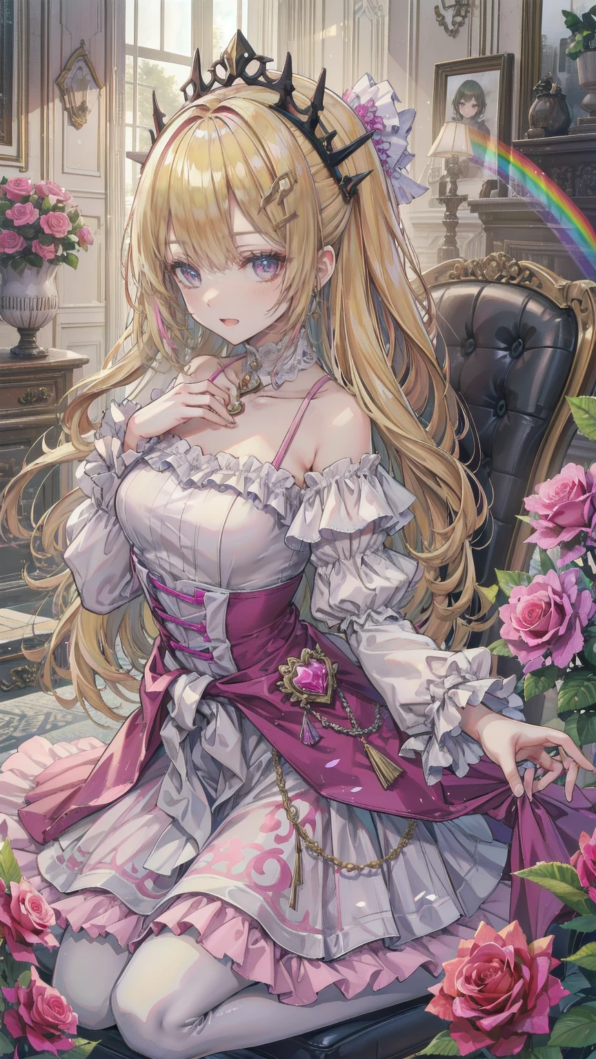 (8k, Best Quality, masterpiece: 1.2), Ultra-high resolution,,Marie Antoinette,Ultra-detailed face,Fine grain,Open your mouth a little,(Blonde),Long Hair,Wavy Hair, break,Rococo Ruffle Dress,Long sleeve dress,The dress includes an extra long skirt,Baroque Dress, Intricate fantasy dress, glamorous ruffled dresses, Romantic Dress, Ruffled Costume,Raffle, Data Style, Formal Wear, Fancy Fashion, palate colors include pink and white,(pink:1.5),Class A Smile,Gold Tiara, necklace,Sit in a luxurious chair,Hands on knees,(Rainbow light:1.4),,Profile of a person gazing out a window,The rosebush is reflected in the window,(Inside Victoria Palace)、Her eyes sparkle、Now her blonde hair reaches down to her waist、Rose-colored gradation and three, 薄いpinkのロック. 彼女は花柄の装飾が施されたGold Tiaraを着用し、Matching earrings, White flower choker. 彼女は金色のボタンで縁取られたフリル付きの白いストライプのpinkのトップを着ている, The white sleeves are shaped like flower buds.. A magenta ribbon runs along her chest.、Tied behind the neck、Matching chest piece, Decorated with flowers. Her frilly skirt is divided by a white lining, Fastened with a large magenta ribbon、Decorated with gold, There is a small ribbon on the back. Her miniskirt is、薄いpinkのマゼンタの貝殻状の裏地と白い花のペチコートでできている. 彼女はpinkの花がついた白い手袋も着用している, 白と薄いpinkの靴には、ゆるいカフとDecorated with flowersたマゼンタのリボンがある.
