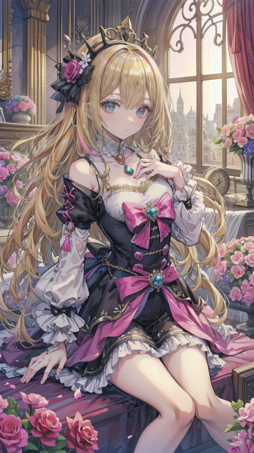 (8k, Best Quality, masterpiece: 1.2), Ultra-high resolution,,Marie Antoinette,Ultra-detailed face,Fine grain,Open your mouth a little,(Blonde),Long Hair,Wavy Hair, break,Rococo Ruffle Dress,Long sleeve dress,The dress includes an extra long skirt,Baroque Dress, Intricate fantasy dress, glamorous ruffled dresses, Romantic Dress, Ruffled Costume,Raffle, Data Style, Formal Wear, Fancy Fashion, palate colors include pink and white,(pink:1.5),Class A Smile,Gold Tiara, necklace,Sit in a luxurious chair,Hands on knees,(Rainbow light:1.4),,Profile of a person gazing out a window,The rosebush is reflected in the window,(Inside Victoria Palace)、Her eyes sparkle、Now her blonde hair reaches down to her waist、Rose-colored gradation and three, 薄いpinkのロック. 彼女は花柄の装飾が施されたGold Tiaraを着用し、Matching earrings, White flower choker. 彼女は金色のボタンで縁取られたフリル付きの白いストライプのpinkのトップを着ている, The white sleeves are shaped like flower buds.. A magenta ribbon runs along her chest.、Tied behind the neck、Matching chest piece, Decorated with flowers. Her frilly skirt is divided by a white lining, Fastened with a large magenta ribbon、Decorated with gold, There is a small ribbon on the back. Her miniskirt is、薄いpinkのマゼンタの貝殻状の裏地と白い花のペチコートでできている. 彼女はpinkの花がついた白い手袋も着用している, 白と薄いpinkの靴には、ゆるいカフとDecorated with flowersたマゼンタのリボンがある.
