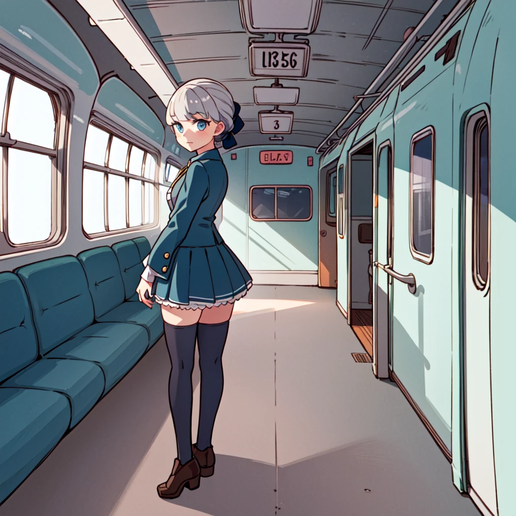 anime screencap, 1 girl, solo, grey hair, hair up, braid, ribbon, light blue eyes, blue outfit, thighhighs, shademc, shademon, full body, front view, standing, cowboy shot, indoors, train interior, wagon masterpiece, high res, detailed face, detailed eyes,