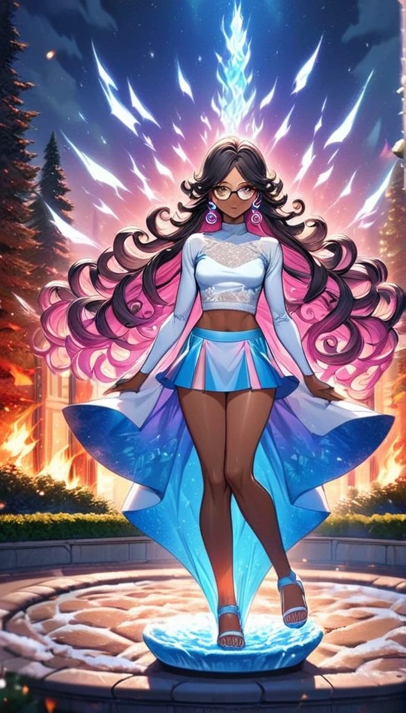 Trans woman, very short mini skirt, lace top, genderbend, curly long hair, black hair, male to female, detailed face, beautiful detailed brown eyes, eye glasses, beautiful detailed lips, silver earrings, white high sandals, brown skin, anatomically  correct, Anime style, 4k, 8k, high resolution, detailed facial features, intricate details, colorful, lighting, warm colors, (fire and ice merges, snowfall), detailed fabric textures, delicate brushstrokes, (Trans flag colors clothes(blue, pink and white)), Full body view, park fountain background (iced water), being watched, smiling pose, alone, closed mouth, warmth body, levitating,  flying, moonlight, fire and ice in hands, holding elements, windy