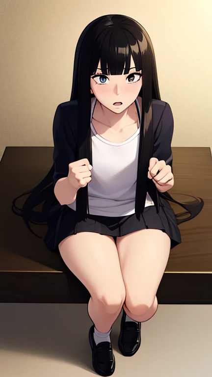 ((best quality)),((highly detailed)),masterpiece,absurdres,detailed face,beautiful face,((detailed eyes, deep eyes)),((dynamic pose)), sawako, 1femboy, girly, otokonoko, transgender, femboy, black hair, solo, long hair, bangs, black eyes, blunt bangs, blush, looking at viewer, open mouth, shirt, hime cut, white t-shirt, black miniskirt, white socks, black shoes, full body,  