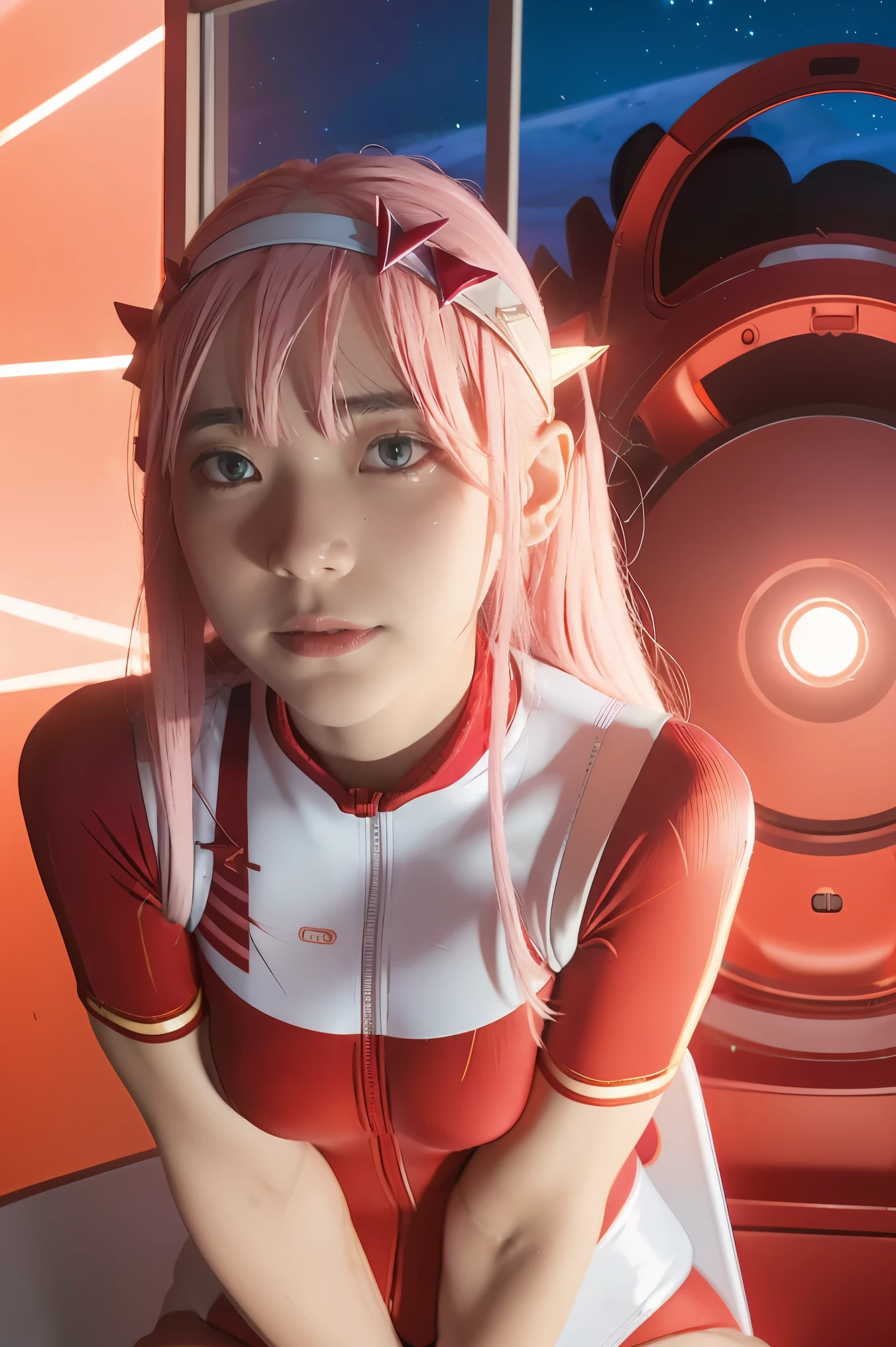 dynamic angle,ultra-detailed, illustration, straight on, 1girl, ((Zero two, interface headband with a pair of horns, red bodysuit:1.4, pink hair)), Her eyes shone like dreamy stars,(glowing eyes:1.233),(beautiful and detailed eyes:1.1),(expressionless, closed mouth),(standing), (mechanic room with tools and spaceship window in a white SPACESHIP), (night:1.2), dreamy, dynamic pose,