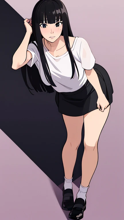 ((best quality)),((highly detailed)),masterpiece,absurdres,detailed face,beautiful face,((detailed eyes, deep eyes)),((dynamic pose)), sawako, 1femboy, girly, otokonoko, transgender, femboy, black hair, solo, long hair, bangs, black eyes, blunt bangs, blush, looking at viewer, open mouth, hime cut, white t-shirt, black miniskirt, white socks, black shoes, full body,  