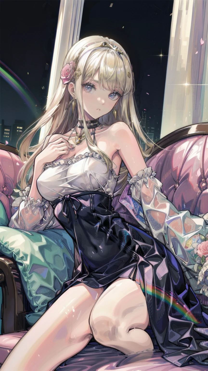 (8k, Best Quality, masterpiece: 1.2), Ultra-high resolution,,Marie Antoinette,Ultra-detailed face,Fine grain,Open your mouth a little,(Blonde),Long Hair,Wavy Hair, break,Rococo Ruffle Dress,Long sleeve dress,The dress includes an extra long skirt,Baroque Dress, Intricate fantasy dress, glamorous ruffled dresses, Romantic Dress, Ruffled Costume,Raffle, Data Style, Formal Wear, Fancy Fashion, palate colors include pink and white,(pink:1.5),Class A Smile,Gold Tiara, necklace,Sit in a luxurious chair,Hands on knees,(Rainbow light:1.4),,Profile of a person gazing out a window,The rosebush is reflected in the window,(Inside Victoria Palace)、Her eyes sparkle、Now her blonde hair reaches down to her waist、Rose-colored gradation and three, 薄いpinkのロック. 彼女は花柄の装飾が施されたGold Tiaraを着用し、Matching earrings, White flower choker. 彼女は金色のボタンで縁取られたフリル付きの白いストライプのpinkのトップを着ている, The white sleeves are shaped like flower buds.. A magenta ribbon runs along her chest.、Tied behind the neck、Matching chest piece, Decorated with flowers. Her frilly skirt is divided by a white lining, Fastened with a large magenta ribbon、Decorated with gold, There is a small ribbon on the back. Her miniskirt is、薄いpinkのマゼンタの貝殻状の裏地と白い花のペチコートでできている. 彼女はpinkの花がついた白い手袋も着用している, 白と薄いpinkの靴には、ゆるいカフとDecorated with flowersたマゼンタのリボンがある.
