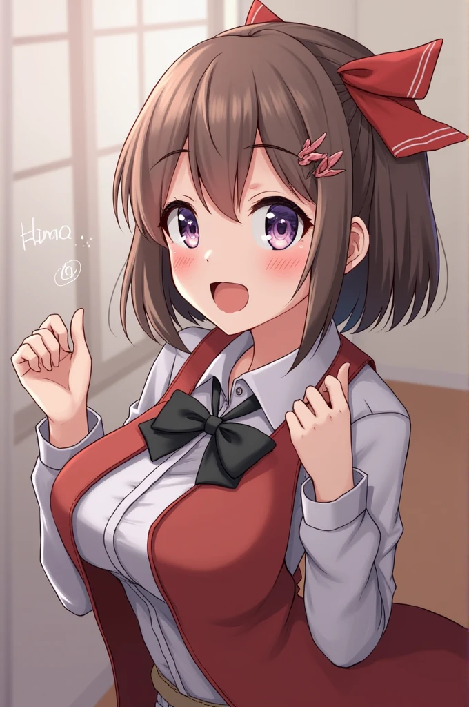 alone, One girl, Yunyun, A cute, slightly angry expression with puffed cheeks、(Puffing out my cheeks:1.4)、Blushing Looking at the viewer, Crown braids of the same color as your hair, Red Eyes、hair ornaments, Hair Ribbon, Pink tie, Long sleeve, Pink Skirt, Knee socks, Cleavage