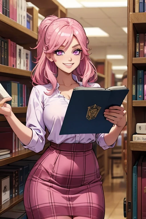 Perfect face. Perfect hands. A pink haired woman with violet eyes and an hourglass figure in a plaid pencil skirt and blouse is reading in the library with a big smile